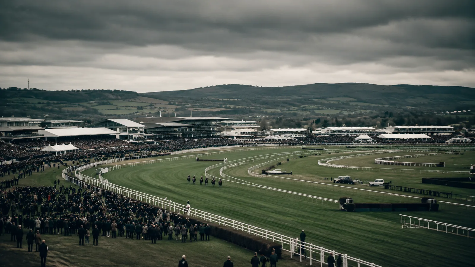Aintree Racecourse near Liverpool on Grand National raceday — grandstands, white running rails and the green steeplechase course