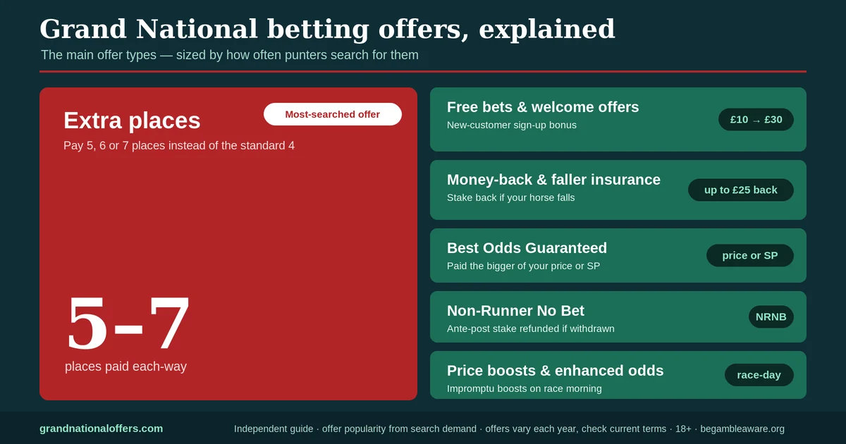 Infographic: Grand National betting offer types sized by popularity — extra places (5–7 places paid each-way), free bets and welcome offers, money-back and faller insurance, Best Odds Guaranteed, Non-Runner No Bet, and price boosts.