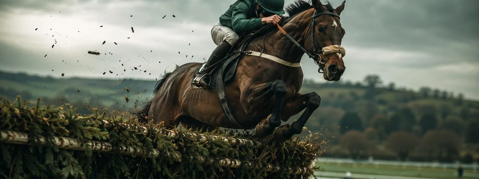 Racehorses and jockeys jumping a large spruce fence in the Grand National