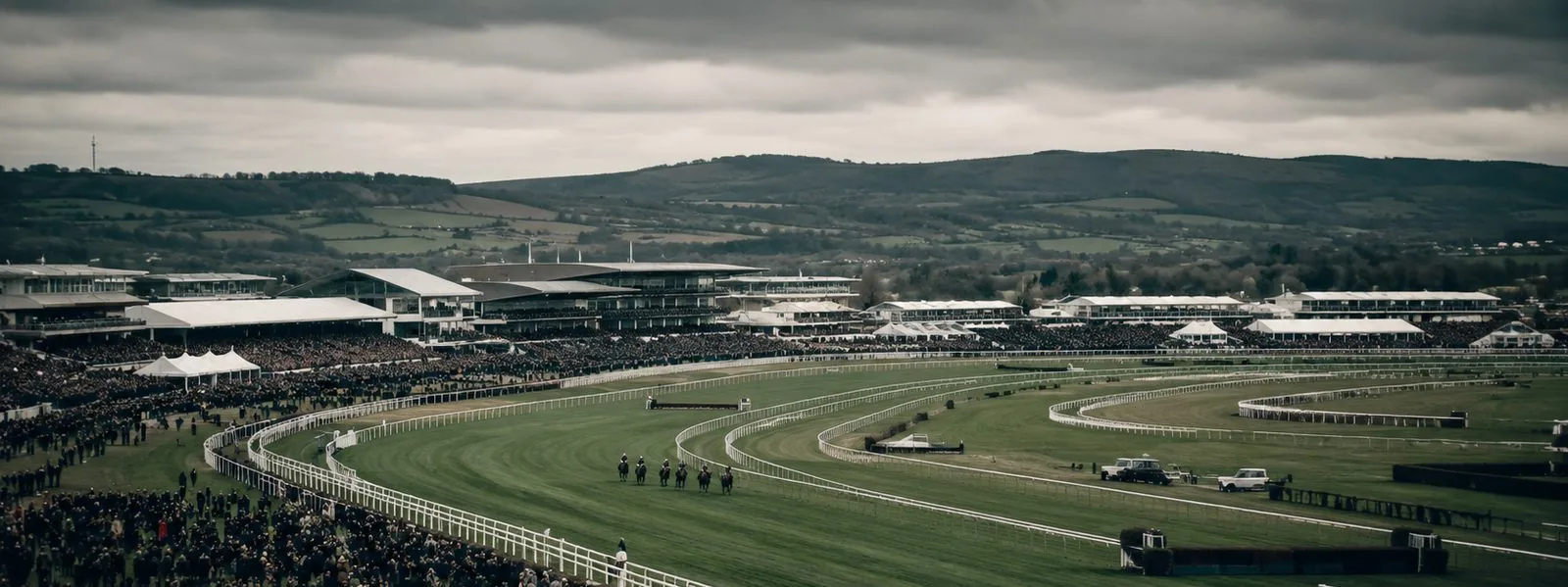 A wide view of the grandstands at a British racecourse on raceday