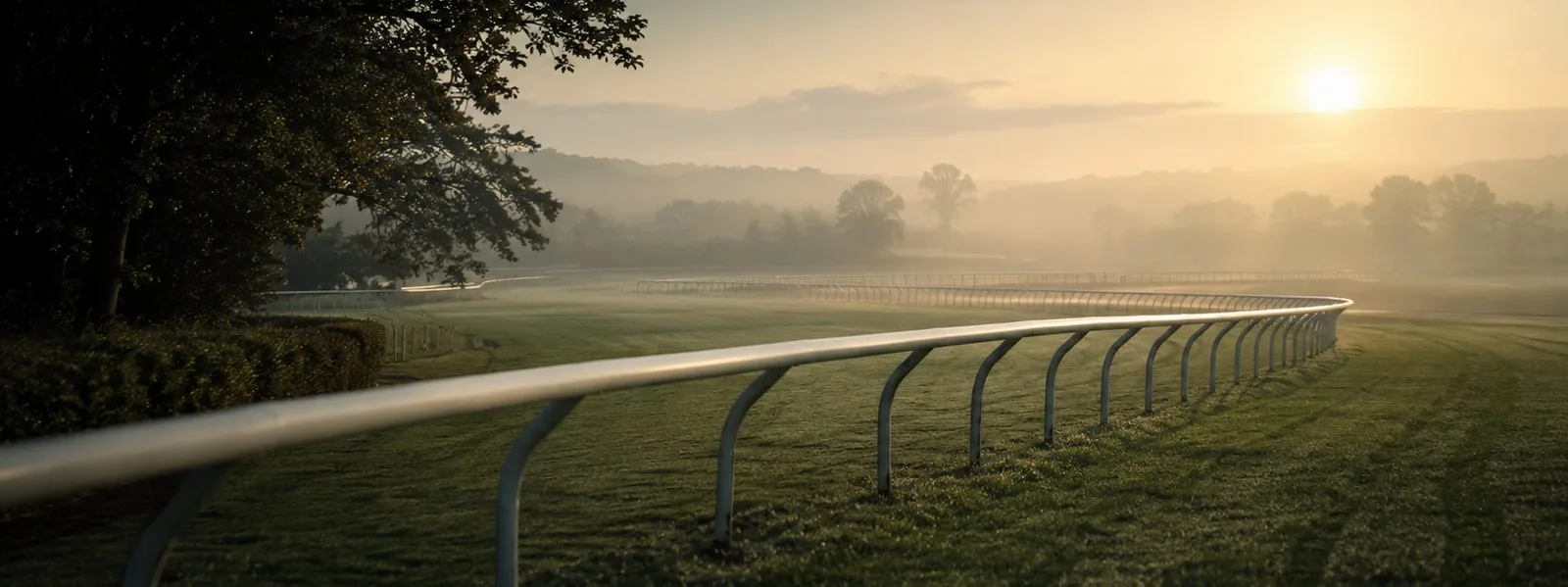 A quiet, empty British racecourse at dawn