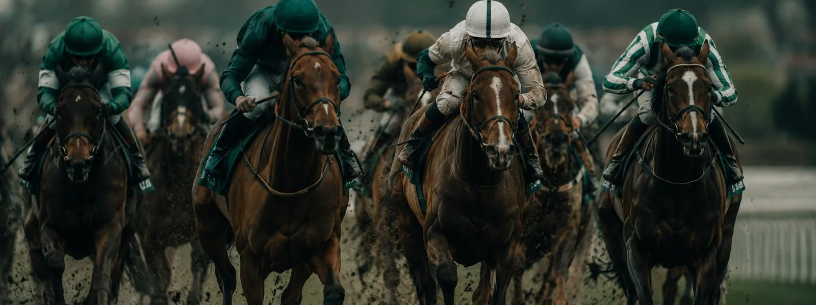 A tight pack of racehorses galloping on the turf during the Grand National